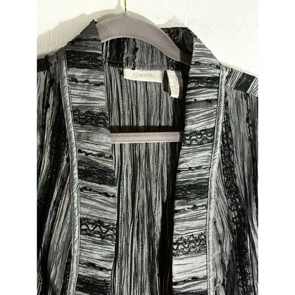 Chico’s Gray Black Blazer Open Front Sz 3 X-Large Women Dressy Black Lace Trim - Picture 7 of 9